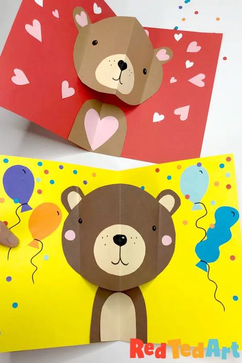 Pop Up Valentine Cards Diy, Kids Cards Handmade, Pop Up Valentine Cards, Easy Birthday Cards Diy, Valentines Day Cards Diy, Card Template Free, Red Ted Art, Pop Up Card Templates, Yearbook Themes