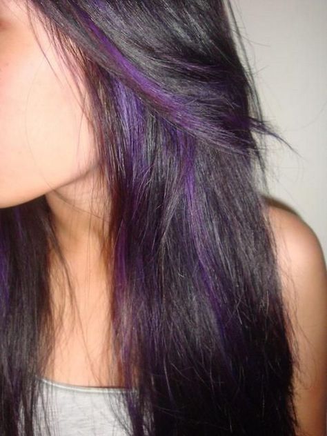 black Hair with Purple Peek A Boo Highlights. Purple Peekaboo Highlights, Purple Hair Highlights, Underlights Hair, Short Hair Highlights, Crazy Color, Purple Highlights, Hair Streaks, Brown Hair With Blonde Highlights, Super Hair