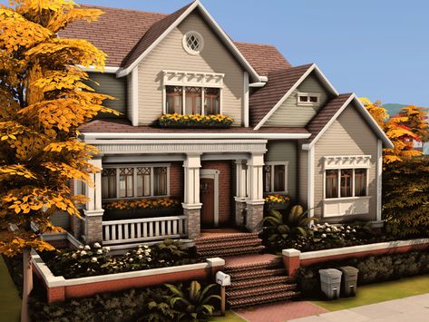 Sims Cozy House, Cozy Family Home Exterior, Cozy Sims 4 House, California Craftsman Exterior, Sims4 Cozy House, Sims 4 Craftsman House, Sims 4 Basegame Home, Suburban House Sims 4, Sims 4 Cozy House