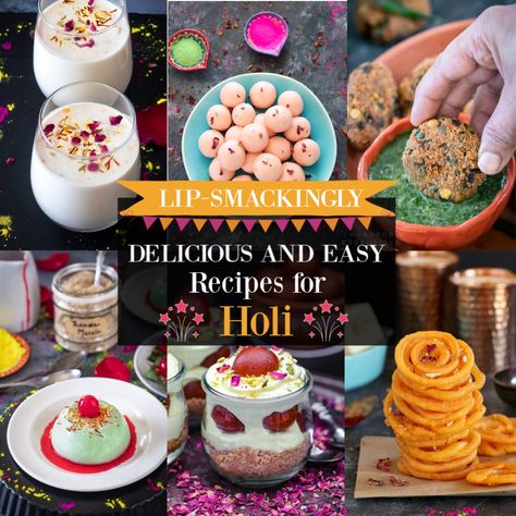 Need some easy dessert and snack ideas for your upcoming Holi party? Here is a collection of 14 Holi recipes that you must make this year. These recipes listed below are full flavor, rich, & decadent. #holirecipes #holidesserts #holisnacks #thandai #gujiya Holi Dessert Ideas, Holi Snacks Ideas, Holi Snacks, Thandai Recipes, Holi Recipes, Festival Foods, Holi Party, Bite Size Appetizers, Holi Special