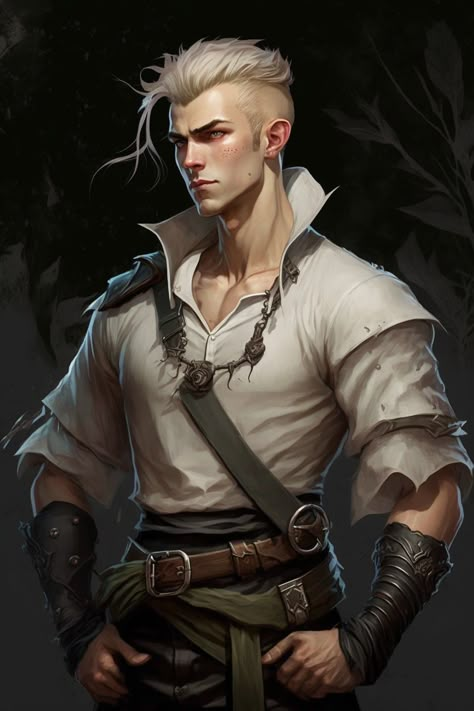 Aasimar Bard Male, Bandit Leader Dnd, Scourge Aasimar Male, Fantasy Pirate Art Male, Aasimar Pirate, Blonde Pirate Male, Male Character White Hair, White Hair Male Character Design, Swashbuckler Dnd