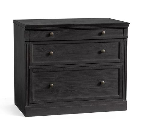 Livingston 2-Drawer Lateral File Cabinet | Pottery Barn (US) Meranti Wood, Lateral Filing Cabinet, Geometric Construction, Modular Unit, Dark Pewter, Cord Storage, Lateral File Cabinet, Dovetail Joinery, Lateral File