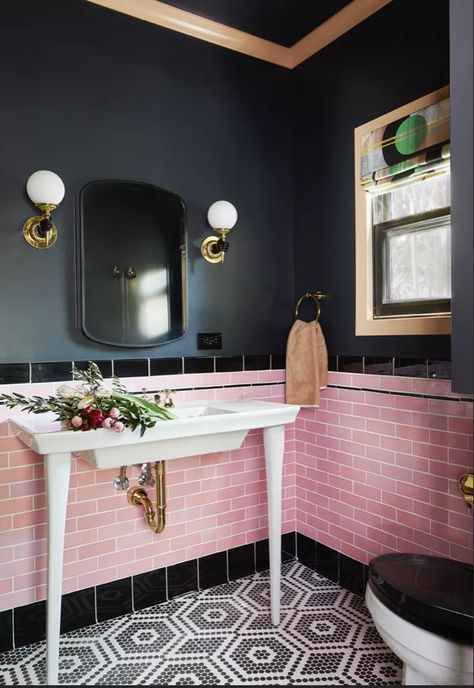 Pink Tile Bathroom, Pink And Black Bathroom, Paris Inspired, Pink Tiles, Kitchen Concepts, Guest Cottage, Pink Bathroom, House Bathroom, Black Bathroom