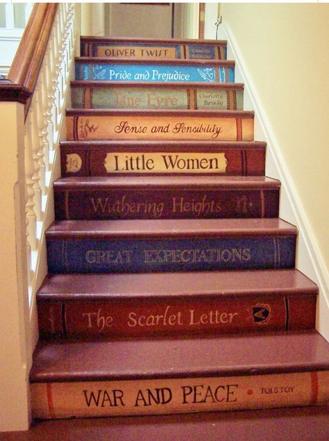 Julie Drake on Twitter: "@Writer_DG how cool would this look with your book titles? https://t.co/Zy6IAKa8K2" Book Staircase, Book Stairs, Painted Staircases, Casa Country, Attic Stairs, Basement Stairs, Painted Stairs, Attic Renovation, Attic Remodel