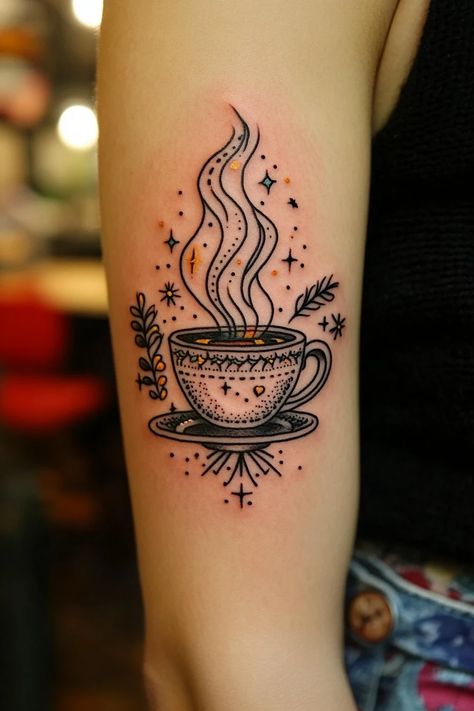 coffee 21 Coffee Cup Flash Tattoo, American Traditional Coffee Tattoo, Mug Tattoo Design, Traditional Coffee Tattoo, Storm In A Teacup Tattoo, Tea Tattoo Ideas, Cup Of Coffee Tattoo, Cup Of Tea Tattoo, Coffee Mug Tattoo