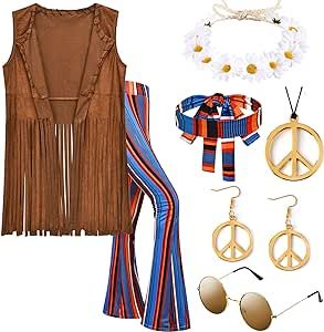 Fringed Vest Outfit, Summer Hippie Outfits, Hippie Outfits 70s, Outfits 60s, Hippie Glasses, Hippie Accessories, 70s Costume, Outfits 70s, Crown Earrings