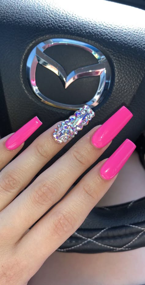 Neon And Rhinestone Nails, Pink Lady Nails, Neon Pink Acrylic Nails Coffin, Bright Pink Nails With Rhinestones, Hot Pink Nails With Diamonds, Hot Pink Nails With Gems, Neon Pink Nails With Rhinestones, Neon Pink Nails Acrylic, Pink Nails Diamonds