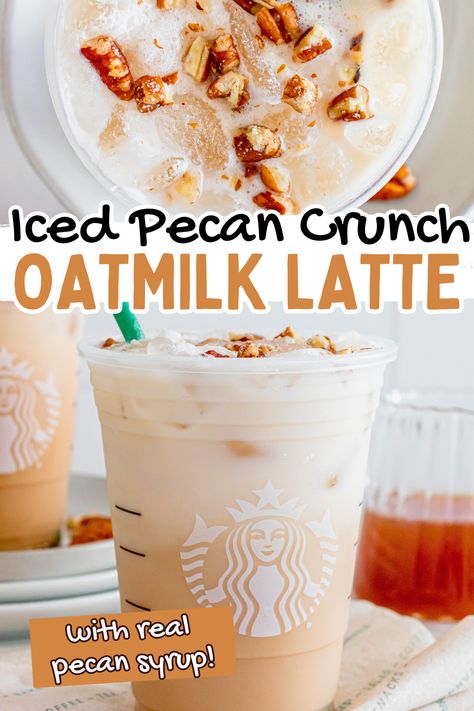 Starbucks pecan crunch oatmilk latte copycat drink. Fall Drinks Coffee, Coffee Recipes At Home, Flavored Coffee Recipes, Drink Flavors, Fall Coffee Recipes, Pecan Crunch, Fall Coffee Drinks, Iced Latte Recipe, Oat Milk Latte