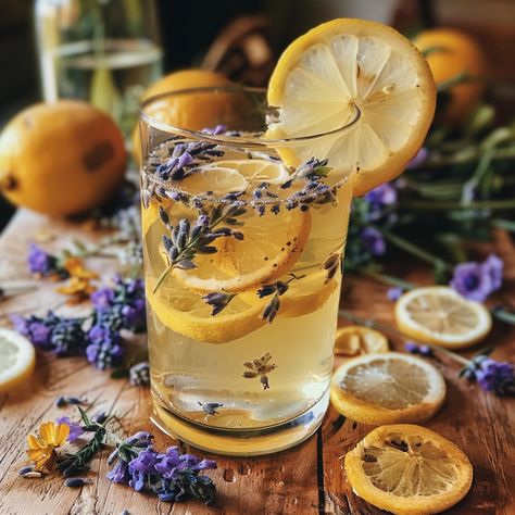 Lavender Lemonade 🍋🌿 📋 Ingredients: - 1 liter of water - 200 g of sugar - 2 tbsp of dried lavender flowers - 4 lemons (juice) - 1 lemon (slices, for decoration) - Ice cubes 🥣 Instructions: - In a saucepan, bring the water and sugar to a boil to dissolve the sugar. - Remove from heat, add the lavender flowers, and let steep for 30 minutes. - Strain the mixture to remove the lavender flowers. - Add the lemon juice to the mixture and stir well. - Refrigerate for at least 1 hour before serving. -... Lemon Lavender Tea, Lemonade Lavender, Lemon Lavender Cocktail, Lavender Lemon Mocktail, Lavender And Chamomile Tea, Dried Lavender Flowers, Lavender Lemonade, Gourmet Cooking, Lemon Slice