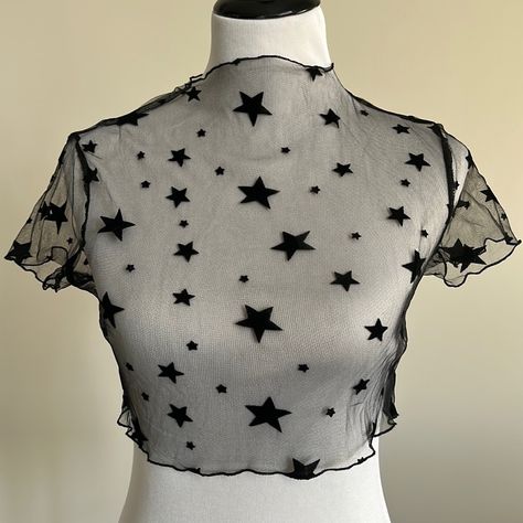 Brand: Shein Details: Black See-Through Mesh Top With Velvet Stars. Size: Small Never Worn, Without Tags Cute Mesh Tops, Disco Concert Outfit, Moon Themed Outfits, Wear Wolf, Sinful Clothing, Sparkly Tank Top, Glitter Outfit, Tops Shein, Star Clothing