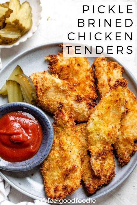 Pickle Brined Baked Chicken Tenders are a juicy and flavorful chicken dish - similar to Chick-fil-A chicken recipe; includes air fryer and oven instructions | Chicken Recipes | Airy Fryer Recipes | Breaded Chicken #picklechicken #picklebrinedchicken #airfriedchicken #chickenrecipes #kidfriendlyrecipes #feelgoodfoodie Pickle Chicken Air Fryer, Pickle Brined Chicken Tenders, Pickled Chicken, Pickle Brined Chicken, Pickle Chicken, Chicken Tenderloin, Brine Chicken, Baked Chicken Tenders, Chicken Tender Recipes