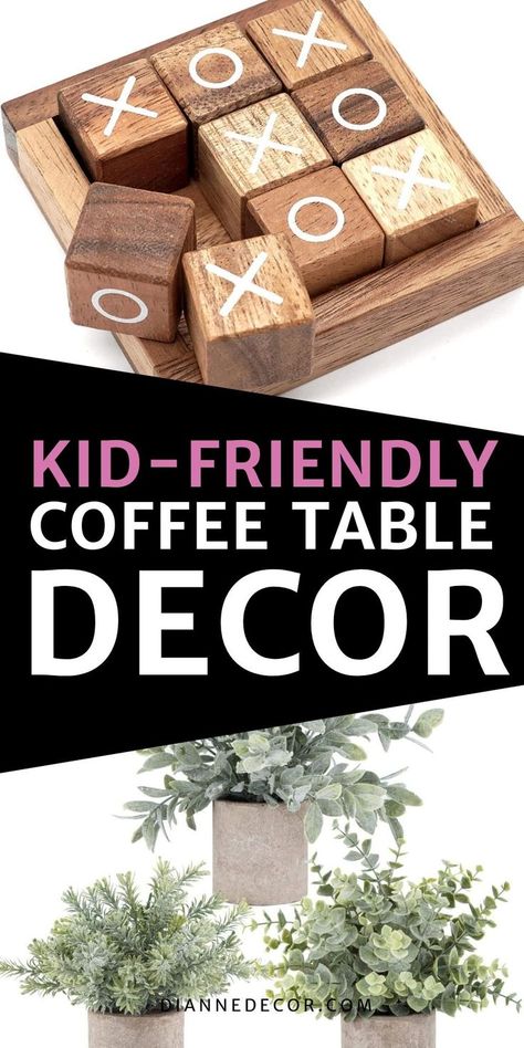 Kid Friendly Coffee Table Ideas That Will Blow Your Mind Coffee Table Games Decor, Fun Coffee Table Decor, Side Tables In Living Room Decor Ideas, Rectangle Coffee Table Decor Living Room, Rectangle Coffee Table Styling, Rectangle Coffee Table Decor, Simple Coffee Table Decor, Ottoman Tray Decor Ideas, Kid Friendly Coffee Table