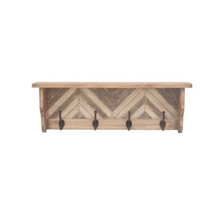 Decmode 32 Inch Farmhouse 4-Hook Chevron Wood And Metal Shelf , Brown Wood And Metal Shelves, Wall Shelf With Hooks, Patterned Wall, Decorative Wall Hooks, Wall Shelf Decor, Into The Wood, Metal Shelf, Hat Hooks, Wooden Slats