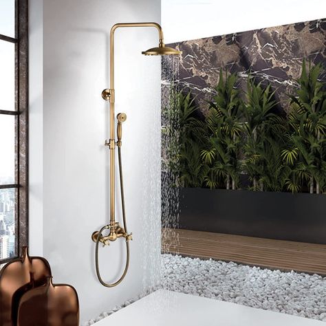 IGOTIVR INC Outdoor Shower System | Wayfair Vintage Walmart, Brass Shower System, Outdoor Shower Fixtures, Antique Brass Bathroom, Bathroom Shower Faucets, Luxurious Showers, Brass Shower, Shower Faucet Sets, Brass Bathroom