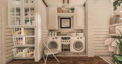 Bloxburg Rustic Kitchen Ideas, Cute Bloxburg Front Yard Ideas, Blockburg Laundry Room, Aesthetic Bloxburg Laundry Room, Bloxburg House Layouts 2 Story Aesthetic Layout, Big Laundry Room Ideas Bloxburg, Bloxburg Family Kitchen, Bloxburg House Ideas Laundry Room, Bloxburg House Ideas Pantry