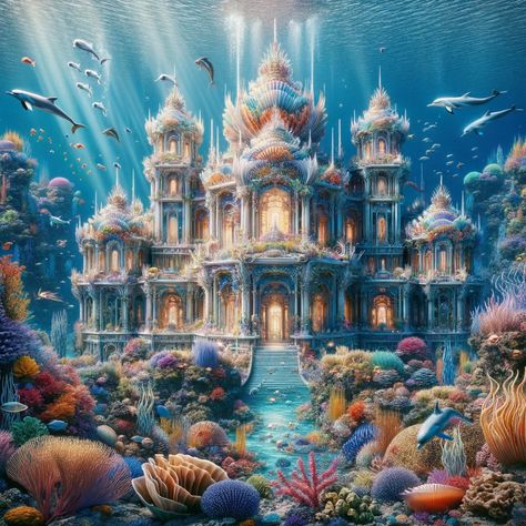 Mermaid Palace Under The Sea, Underwater Castle Fantasy Art, Sea Castle Fantasy Art, Water Planet Concept Art, Mermaid City Underwater, Ocean Kingdom Aesthetic, Underwater Kingdom Fantasy Art, Under Water Castle, Mermaid Castle Underwater