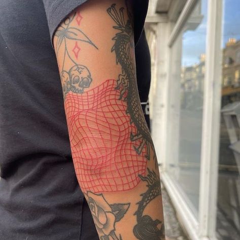 Tattoos Around Elbow, Men Red Tattoo, Existentialism Tattoo, Red Tattoo Ideas Female, Small Red Tattoo Ideas, Red Minimalist Tattoo, Red Tatooes, Tattoo Ideas Female Red, Around Elbow Tattoo