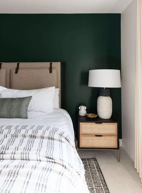 10 Colors That Go With Dark Green Green Bedroom Walls, Grown Up Bedroom, Green Grey Paint, All White Bedroom, Feature Wall Bedroom, Dark Green Walls, Black And White Pillows, Real Homes, Bedroom Images