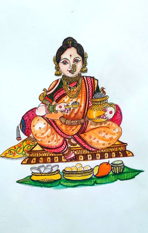 Annapurna Devi Goddesses Painting, Annapurna Painting, Annapurna Devi Painting, Annapoorna Devi Goddess, Annapurna Devi Goddesses, Potrate Painting, Annapurna Devi, Ganesh Art Paintings, Contemporary Folk Art