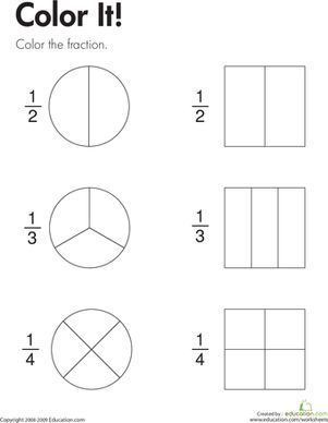 To complete this second grade math worksheet, kids color parts of shapes to show the fractions 1/2, 1/3, and 1/4. Simple Fractions Worksheets, Fractions For Kids, Math Fractions Worksheets, Fraction Practice, Simple Fractions, Probability Worksheets, Math Coloring Worksheets, Math Learning, 2nd Grade Math Worksheets