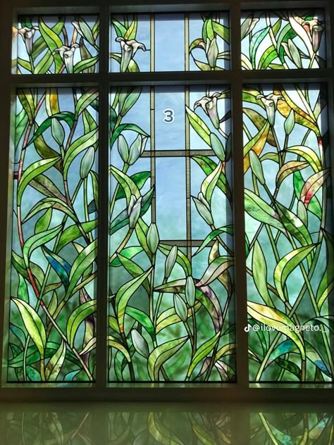 Window Stain Glass Art, Stained Glass Hung In Front Of Window, Nature Stained Glass Windows, Botanical Stained Glass Window, Stained Glass Windows In Homes Modern, Decorating With Stained Glass Windows, Art Nouveau Stained Glass Door, Painted Glass Window, Stained Glass Windows Modern