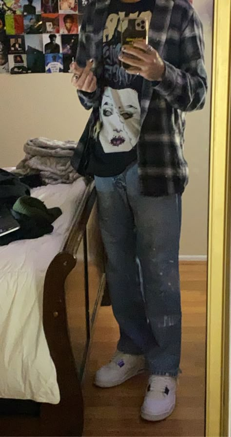 thrifted zombie shirt, carhartt denim pants, metallic purple 4’s, grey and white flannel Blue And Grey Flannel Outfit, Grunge Flannel Outfits Men, Flannel Boy Aesthetic, Flannel Shirt Outfits Men, Flannel Fits Men, Flannel Shirt Aesthetic, Flannel Outfits Boys, Mens Flannel Shirt Outfit, Metal Outfit Men