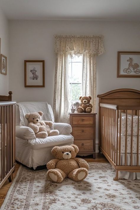 Nursery Ideas Teddy Bear Theme, Neutral Cowboy Nursery, Realistic Nursery Ideas, Boy Nursery Bear Theme, Baby Boy Nursery Winnie The Pooh, Teddy Bear Nursery Theme Gender Neutral, Cottage Baby Nursery, Vintage Teddy Bear Nursery, Baby Boy Teddy Bear Nursery