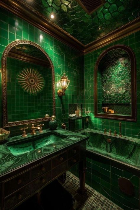 Black Bathroom Decor Ideas, Art Nouveau Bathroom, Gothic Bathroom, Green Bathroom Decor, Black Bathroom Decor, Green Vanity, Star Ship, Green Art Deco, 3d Room