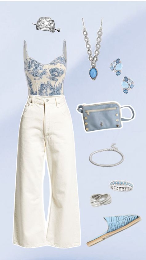 Fashion collage with a summery blue and white outfit. Floral tank top, white pants, blue leather crossbody bag, blue sandals, and blue and silver accessories (hair clip, bracelet, necklace, rings, earrings) Casual Summer Dinner Outfit, Casual Summer Dinner, Blue And White Outfit, Summer Dinner Outfit, Blue And White Outfits, Outfit Collage, Dinner Outfit, Tank Top White, Fashion Collage