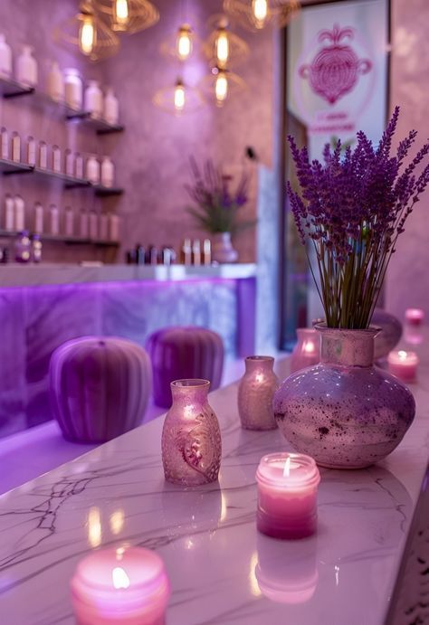 Purple Esthetician Room, Spa Owner Aesthetic, Spa Day Photoshoot, Purple Beauty Salon, Saloon Interiors, Visual Creativity, Business Aesthetics, Dream Spa, Massage Room Decor