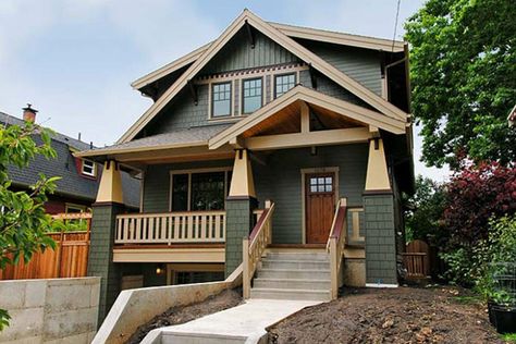 Craftsmen House Exteriors, Craftsman Exterior Windows, Brown Bungalow Exterior, Exterior Paint Craftsman, Cinder Block House Exterior Makeover, Craftsman Portico, Craftsman Details Exterior, Craftsman Bungalow Exterior Paint Colors, Craftsmen Exteriors