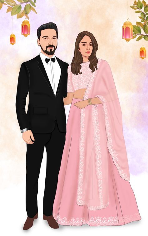 Engagement Caricature Couple, Wedding Couple Cartoon Marriage, Engagement Illustration Couple, Couple Digital Art Illustration, Wedding Cartoon Couple, Bride And Groom Sketch, Wedding Caricature Couple, Couple Caricature Wedding, Engagement Caricature