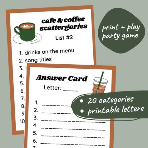 Coffee & Cafe Scattergories // Printable Birthday Party Game | Etsy Girl Sleepover Games, Scattergories Lists, Birthday Party Game, Found Poetry, Night Coffee, Girl Sleepover, Sleepover Games, Coffee Theme, Sleepover Activities