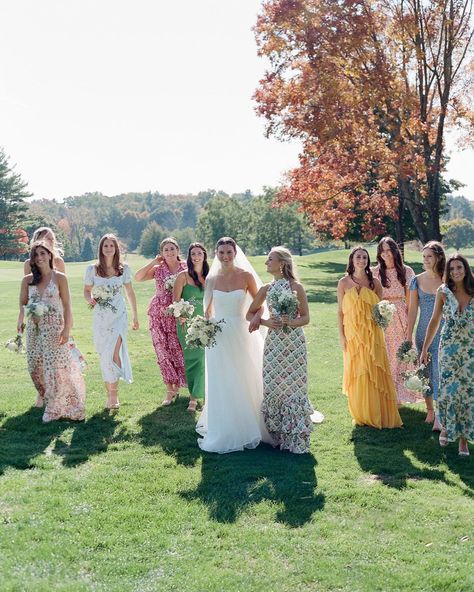 The Art of Mismatched Bridesmaid Dressing, According to an OTM Bridal Stylist - Over The Moon Bridesmaid Dresses Texture, Colourful Mismatched Bridesmaids, Garden Party Wedding Mother Of The Bride, Whimsical Bridal Party, Mix Match Bridal Party, Random Bridesmaid Dresses, Bright Mismatched Bridesmaid Dresses, Mismatched Blue Bridesmaids, Fall Mismatched Bridesmaid Dresses