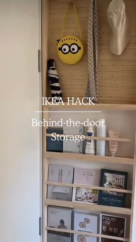 Ikea Hacks and Inspo | Fast & Easy way to create behind-the-door storage! 😍 @agent_chisto shared this creative idea for small spaces to get organized! ✨ Follow … | Instagram Ikea Behind Door Storage, Behind The Door Storage Ideas, Behind Door Storage Ideas, Closet Storage Ideas For Small Spaces, Creative Bookshelves Diy, Behind The Door Storage, Diy Bookshelf Wall, Behind Door Storage, Bookshelf Wall