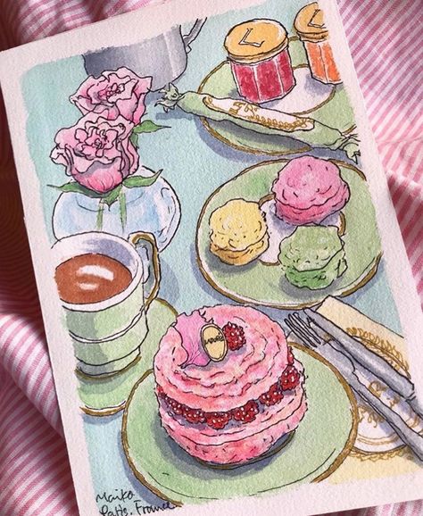 Watercolor Paintings Food, Cool Watercolor Paintings, Aesthetic Watercolour Painting, Foods Drawing, Watercolour Food, Laduree Paris, Desain Buklet, Food Painting, Painting Art Lesson