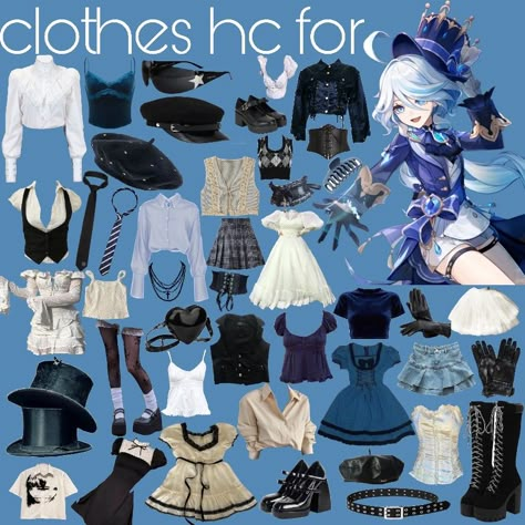 Genshin clothes hc Furina Genshin Outfit, Furina Outfit Ideas, Genshin Morden Au, Genshin Inspired Outfits Casual, Genshin Shifting Outfits, Furina Inspired Outfit, Furina Modern Au, Genshin Clothing Hcs, Clothing Hcs For Genshin Characters