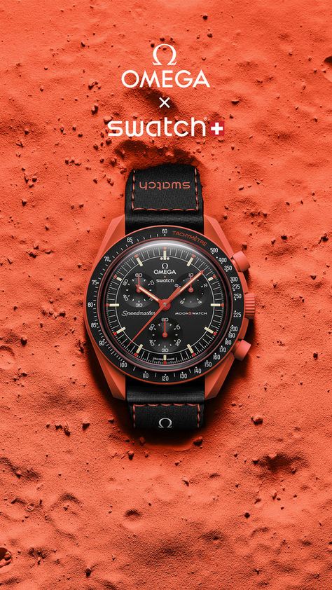 OMEGA X Swatch celebrates the iconic Speedmaster Moonwatch, the first watch worn on the Moon. MISSION ON EARTH – LAVA is also a nod to OMEGA and its 1968 Speedmaster Moonwatch “Ultraman” model, with its famous orange chronograph hand. This fiery watch is inspired by the beauty of volcanoes and rivers of lava. Swatch Omega, Funky Watches, Swatch Store, Omega X Swatch, Polar Lights, Omega Speedmaster Moonwatch, Polar Light, Omega X, Watch Dial