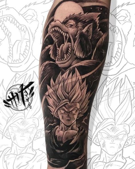 Vegeta Leg Tattoo, Great Ape Tattoo Dbz, Dragon Ball Forearm Tattoo, Dragon Ball Leg Tattoo, Great Ape Dbz Tattoo, Cross Leg Tattoo Men, Dragonball Sleeve Tattoo, Gohan Tattoo Ideas, Dragon Ball Super Tattoo