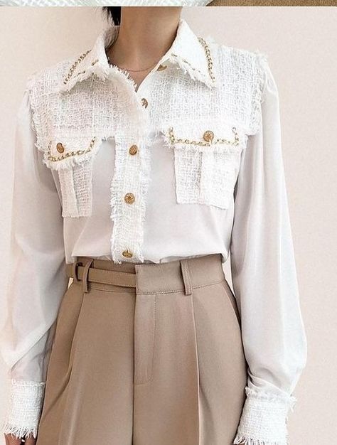 Chanel Blouse, Trendy Shirt Designs, Future Fashion, Modern Fashion, Vanilla, Shirt Designs, Womens Shirts, Chanel, Fashion Design