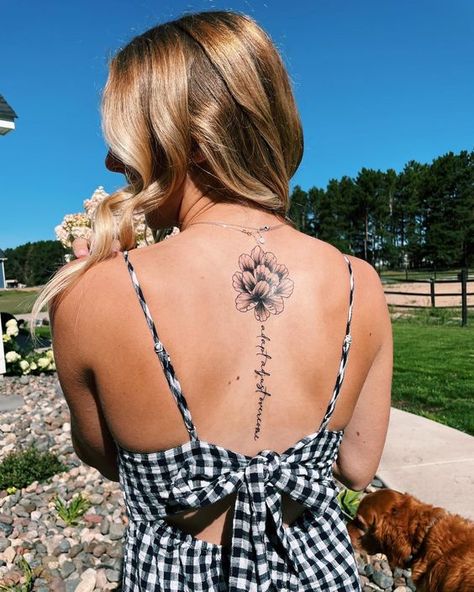 Flower tattoo Flower Stem Quote Tattoo, Peony Tattoo Spine, Spine Tattoo Quotes, Beautiful Back Tattoos, Spine Tats, Flower Spine Tattoos, Spine Tattoo Ideas, Tato Minimal, Good Tattoo Quotes