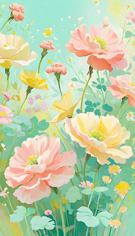 A lush array of soft-hued flowers creates a tranquil garden against a gentle turquoise sky. Turquoise Aesthetic Wallpaper Iphone, Spring Flower Illustration, Garden Illustration Art, Flores Color Pastel, Flowers And Sky Wallpaper, Pink Flower Art Wallpaper, Flower Garden Illustration, Blue And Yellow Flowers Wallpaper, Turquoise Artwork