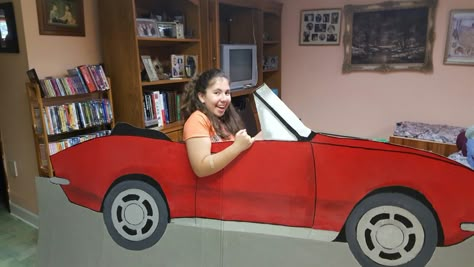 Car photo prop made from cardboard and wood frame Car Props Cardboard, Cardboard Car Photo Prop, Car Cutout Template, Car Cutout Photo Prop, Cardboard Car Diy, Race Car Photo Booth, Car From Cardboard, Car Cardboard, Car Photo Booth