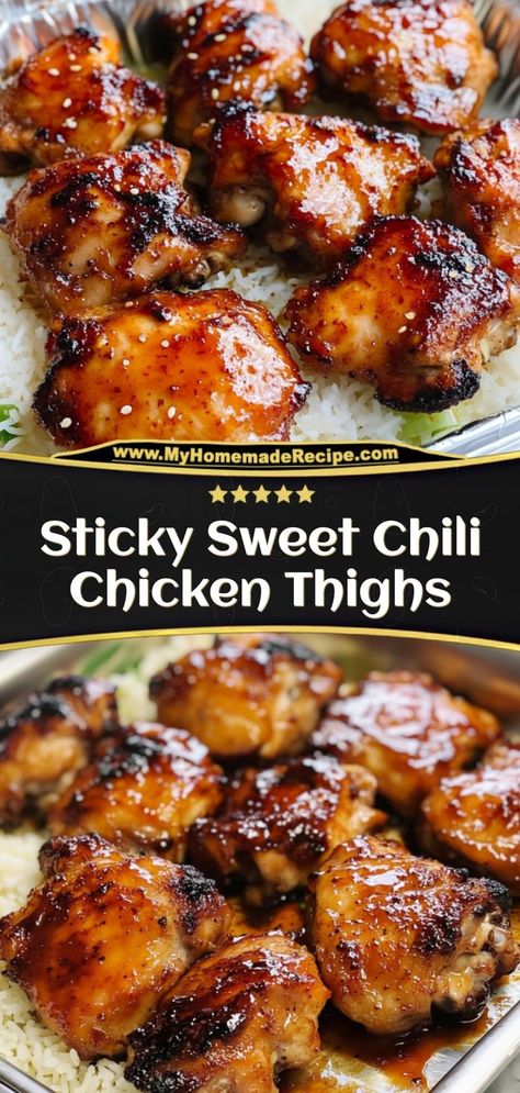 🌶️ These Sticky Sweet Chili Chicken Thighs are a flavor explosion! Juicy chicken coated in a mouthwatering sweet chili glaze that caramelizes perfectly. Better than takeout and super easy! #chickendinner #easydinner #sweetchilichicken Ingredients: Chicken thighs Sweet chili sauce Honey Garlic One bite of these sticky-sweet thighs and your family will beg for seconds! 🍗✨ Sweet Chili Chicken Thighs, Sweet Chili Sauce Chicken, Honey Chicken Thighs, Sticky Chicken Recipe, Garlic Sauce For Chicken, Chicken Sauce Recipes, Juicy Baked Chicken, Sweet Chili Chicken, Honey Glazed Chicken