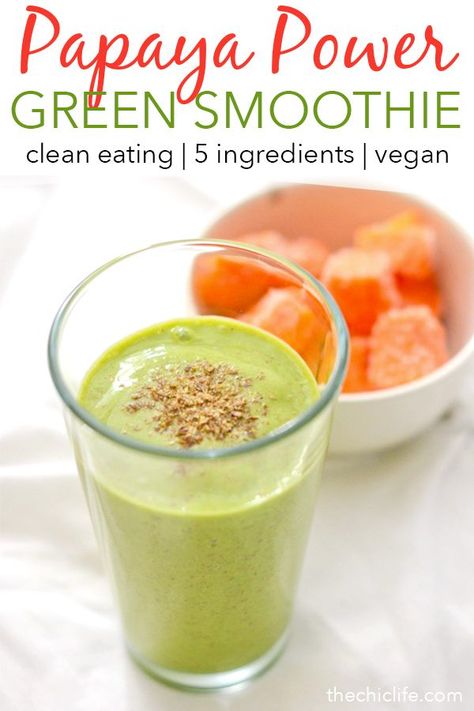 Boost your day with this delicious Papaya Power Green Smoothie recipe. This clean eating treat is an easy breakfast recipe you can also enjoy as a pick-me-up snack. #recipe #healthy #healthyrecipes #cleaneating #breakfast #smoothies #vegan #veganrecipes Healthy Papaya Smoothie Recipes, Healthy Papaya Smoothie, Papaya Smoothie Detox Recipes, Papaya Spinach Smoothie, Smoothie With Papaya, Pawpaw Smoothie Recipe, Papaya Smoothie Recipe, Probiotic Smoothie, Easy Green Smoothie Recipes