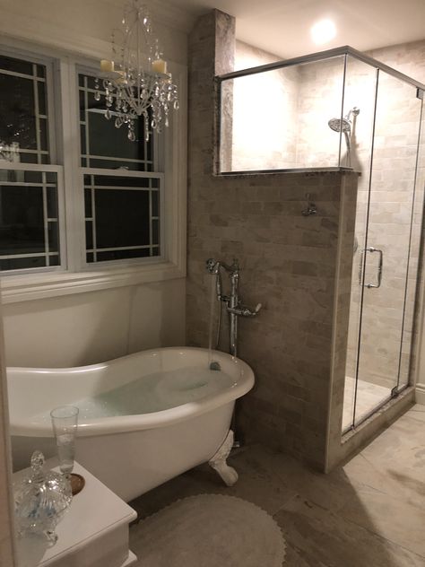 Shower And Clawfoot Tub Side By Side, Tub Shower Combo Remodel Farmhouse, Bathroom Remodel Clawfoot Tub Master Bath, Clawfoot Tub And Shower Bathroom, Stand Up Shower With Tub, Claw Foot Tub With Shower Head, Bathroom With Clawfoot Tub Ideas, Open Shower With Tub, Claw Foot Tub Bathroom Ideas