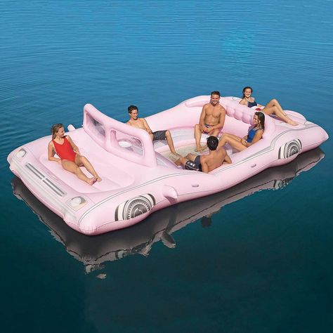 THIS 21-FOOT RETRO PINK LIMO FLOAT WILL BE YOUR LOUNGE SPOT ALL SUMMER | It’s easy enough to inflate and deflate the pink limo island with the quick-release safety valve by using a battery air pump, which isn’t included. Once it’s blown up, you’ll see all the cool detail that gives the pool float its fun retro style. There’s an inflatable windshield, side mirrors, and platform in the back, so you can have help getting out of the water. Convertible Pool, Pink Limo, Cute Pool Floats, Inflatable Island, Cool Pool Floats, Pink Convertible, Pool Floaties, Members Mark, Pool Floats