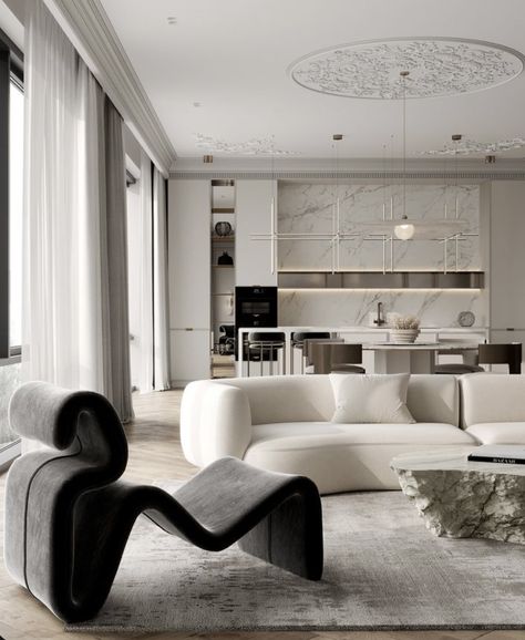 Parisian Modern Interior Design, Soft Minimalism Interior, Chic Modern Living Room, Living Room With Dining Area, Neoclassical Home, Neoclassical Interior Design, Modern Classic Interior, Interior Design Aesthetic, Neoclassical Interior