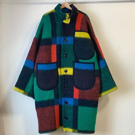 Katrina Lynn on Instagram: "1950’s Leidse Van Wyk Deken 100% Virgin Wool Blanket Coat. Another beautiful Dutch baby, complete with vintage buttons, bound pockets and original blanket stitched hem. ❤️💙💛💚🖤 〰️ In the name of fairness, no pre sales, no holds, no waitlist. This coat will only be available with my next shop drop on Friday January 27th at 9am CST! [Size 2XL • $349] . . . #katrinalynn #love #sewing #desinger #sewist #fiberartist #vintage #upcycle #textile #clothing #fashion #style # Blanket Coat Pattern, Textile Clothing, Blanket Coats, Wool Blanket Coat, Woolen Blanket, Boiled Wool Coat, Vintage Upcycle, No Sew Blankets, Woollen Blankets