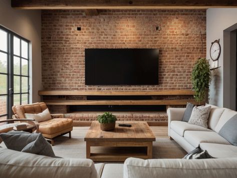 17 Brick TV Wall Design Ideas for 2024 - TrendingBuzzX Herringbone Brick Wall, Brick Wall With Tv, Tv Wall Brick, Tv Wall Ideas Diy, Brick Living Room Ideas, Tv Stone Wall, Tile Tv Wall, Brick Tv Wall Ideas, Brick Feature Wall Living Room